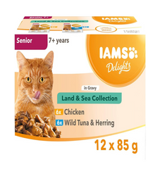 IAMS Delights Complete Wet Cat Food for Senior 7+ Cats Meat and Fish Variety in Gravy Multipack 12 x 85 g Pouches