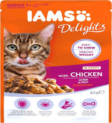 IAMS Delights Complete Wet Cat Food for Senior 7+ Cats Meat and Fish Variety in Gravy Multipack 12 x 85 g Pouches